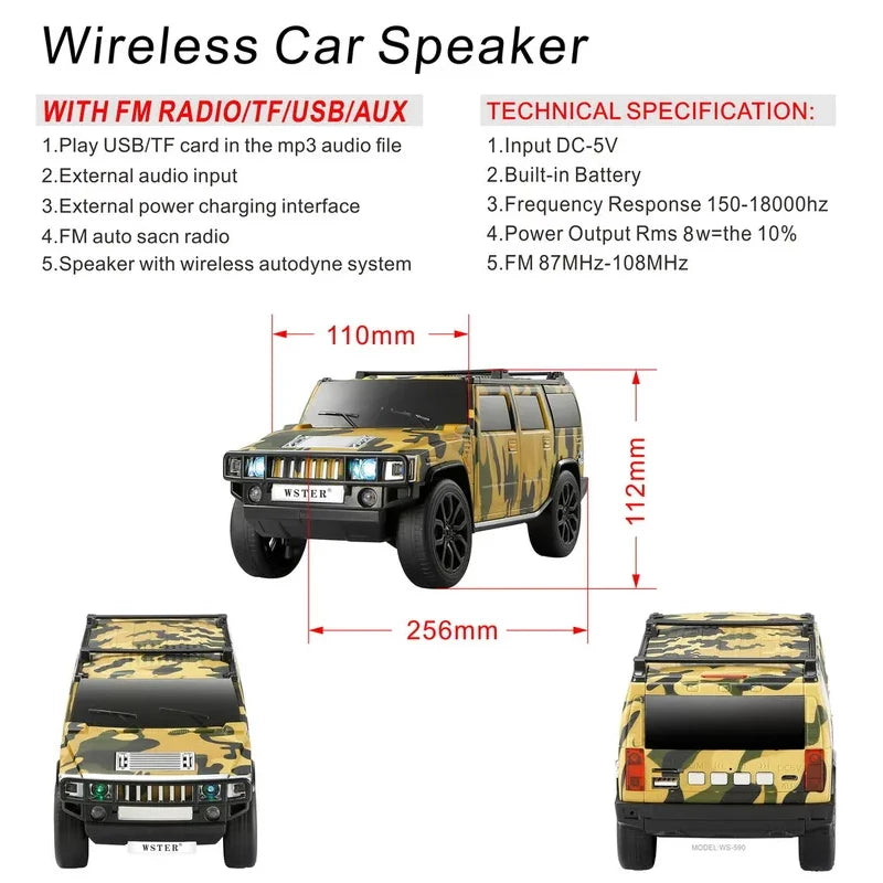 Hummer Car Design Portable Bluetooth Speaker | Wireless Mini Music Box | Rechargeable Audio Device with LED Lights & Bass Sound for Mobile, PC, and Tablet